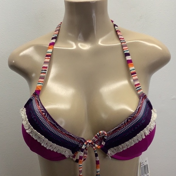Lucky Brand Size Small Underwire Tribal Print Trim With Fringe Bikini Top. New - Picture 1 of 9